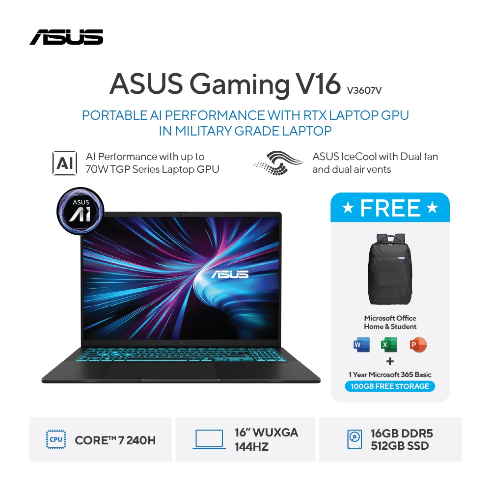 ASUS Gaming V16 V3607VM-I7N56B6T-HM - Matte Black [Intel Core 7 Processor 240H / NVIDIA GeForce RTX 