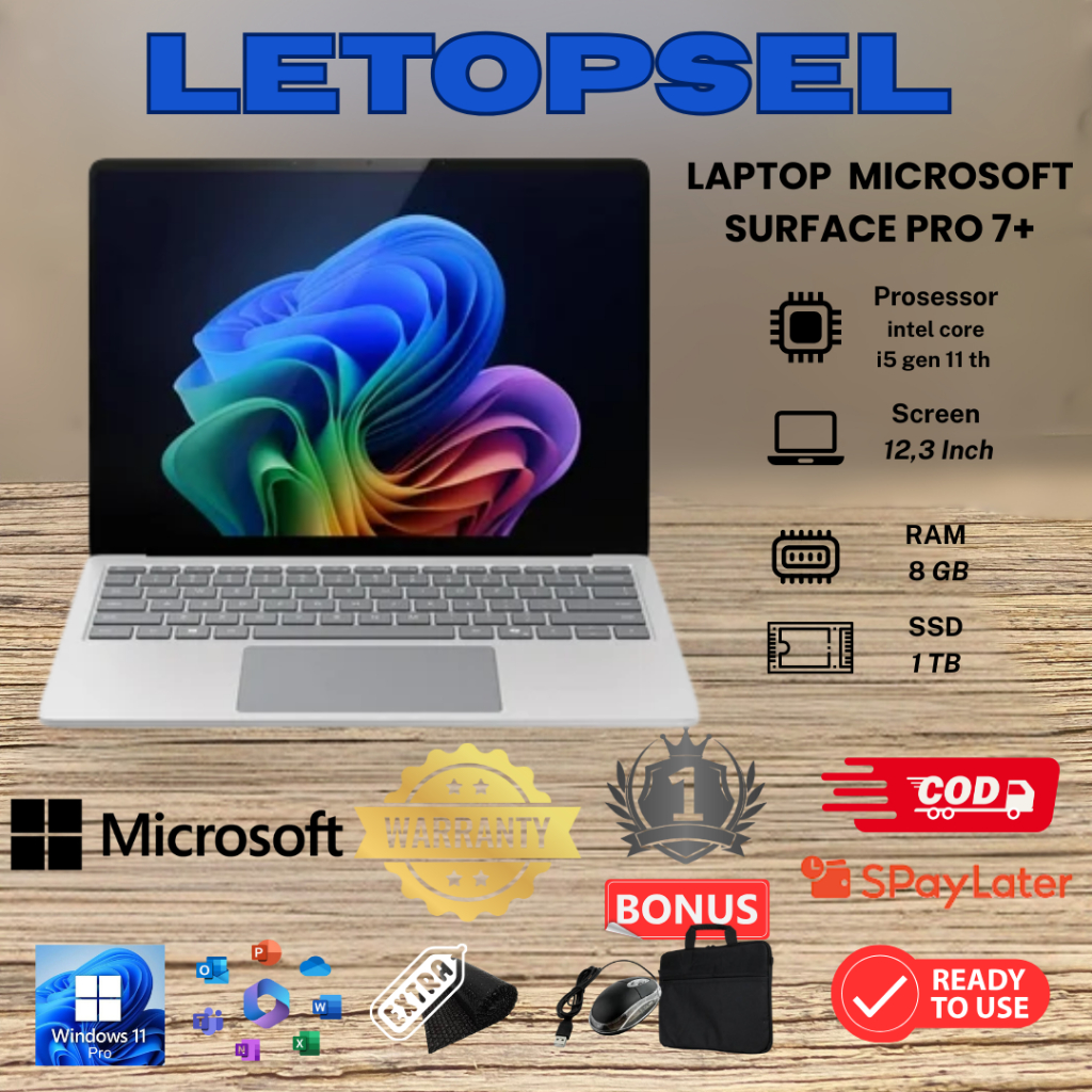 2in1 Microsoft Surface Pro 7+ Core i5 gen 11th Ram 8/1TB NVME WINDOWS 11 PRO