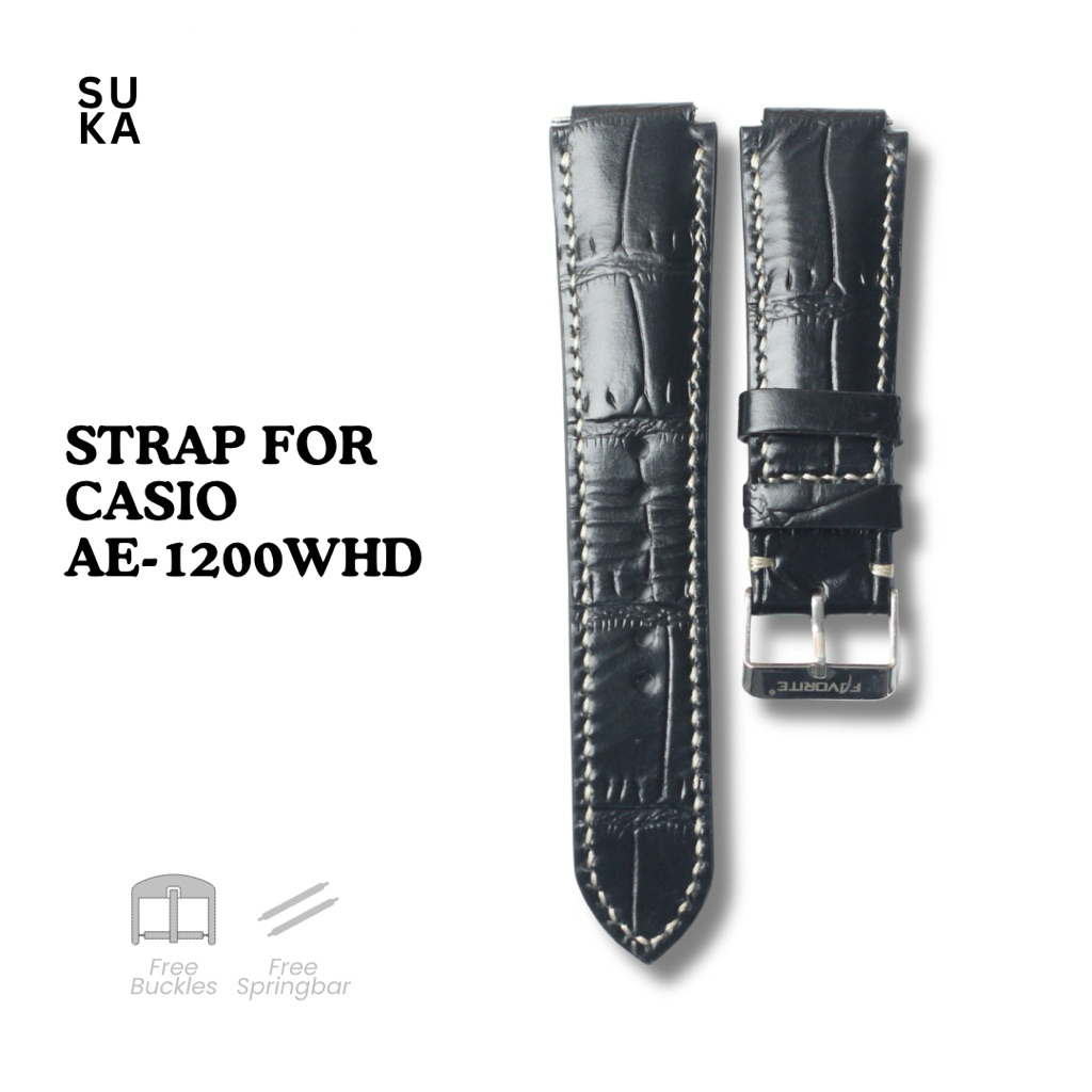 Strap Kulit Casio AE 1200 WHD -  Croco Emboss Black | Strap Kulit Sapi Premium | Handmade, Nyaman & 