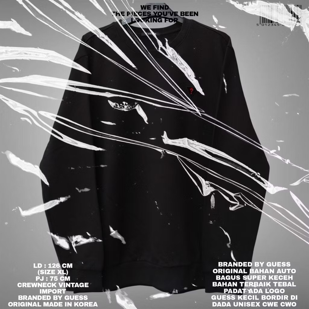 GUESS SWEATER CREWNECK OVERSIZE UNISEX KOREAN LOOK/SWEATER HITAM BLACK BAHAN BABYTERRY PREMIUM TEBAL