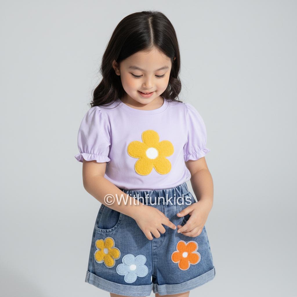 Setelan Baju Anak Perempuan Denim Pendek Kaos Motif Bunga Matahari Usia 1-5 Tahun