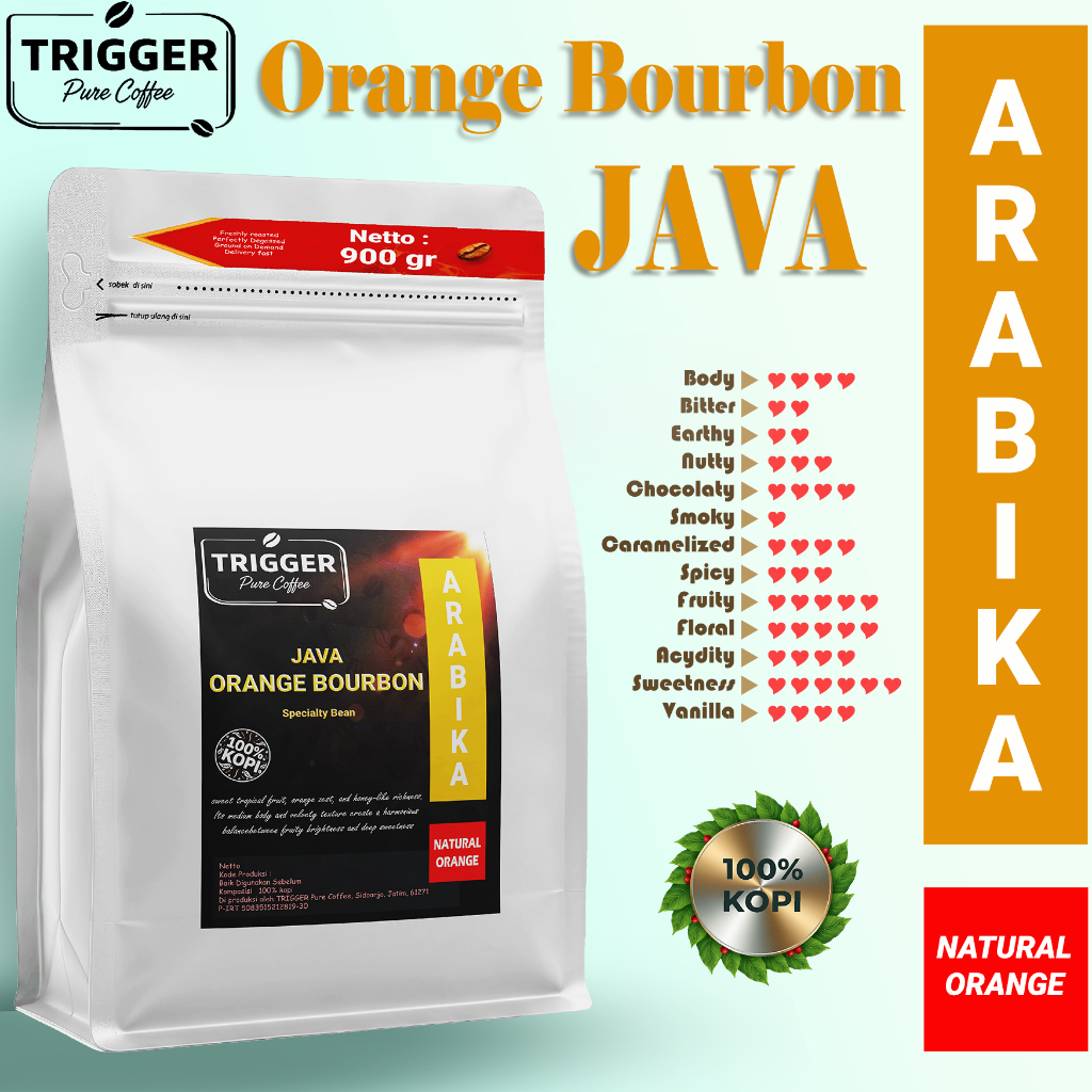 TRIGGER PURE COFFEE ARABIKA ORANGE BOURBON Natural Specialty JAVA Kopi GRADE 1 Biji Petik Merah IJEN