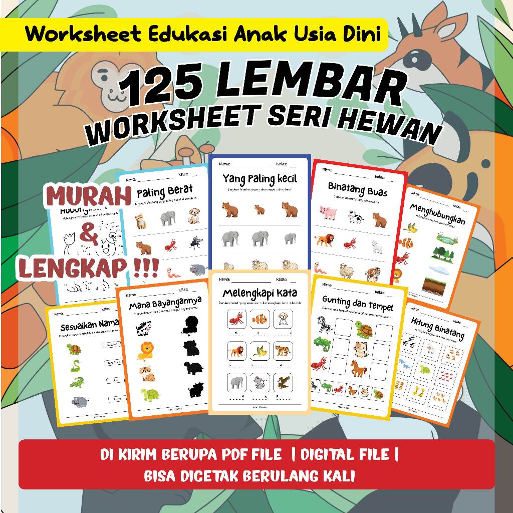 125 LEMBAR FILE PDF AKTIVITAS/WORKSHEET ANAK TK-PAUD-SD SERI HEWAN (FILE PDF/EBOOKS)