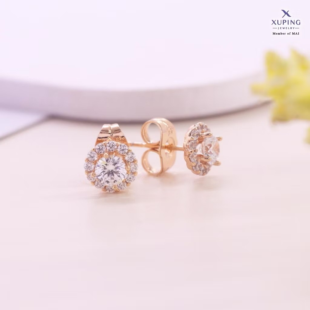 Anting Titanium Anti Karat Giwang Xuping Anting Stud Premium Plating Gold Batu Hitam / Putih Elegan