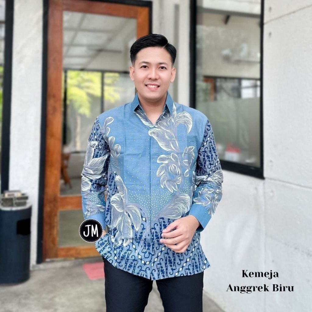 (OBRAL) KEMEJA KATUN MOTIF BATIK ANGGREK DENIM