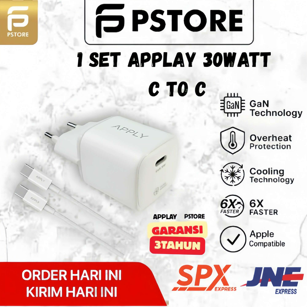 Pstore [GARANSI 3 TAHUN] Apply - 1 Set GaN XCode 30W + Cable C to C 60W For iPhone 15 - 16 Series Fa