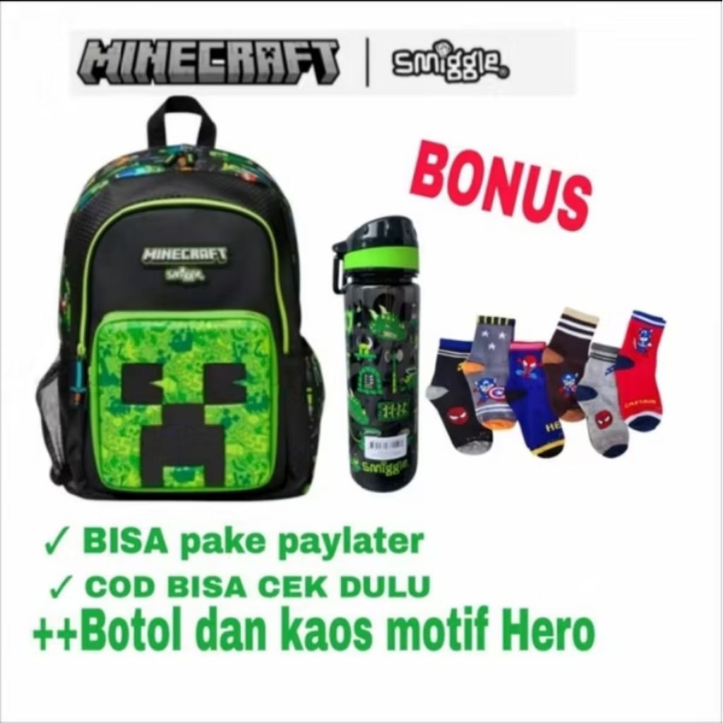(BONUS+ KAOS KAKI+BOTOL) MINECRAFT/ANAK-ANAK/TAS RANSEL SMINGGEL MINECRAFT/TAS RANSEL MINECRAFT ORIG