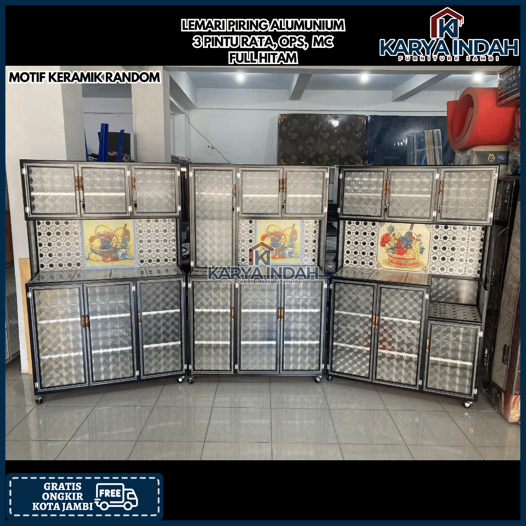 Lemari Rak Piring Dapur ALUMUNIUM 3 Pintu Rata / Magic Com Kaca Polos Roda Alumunium
