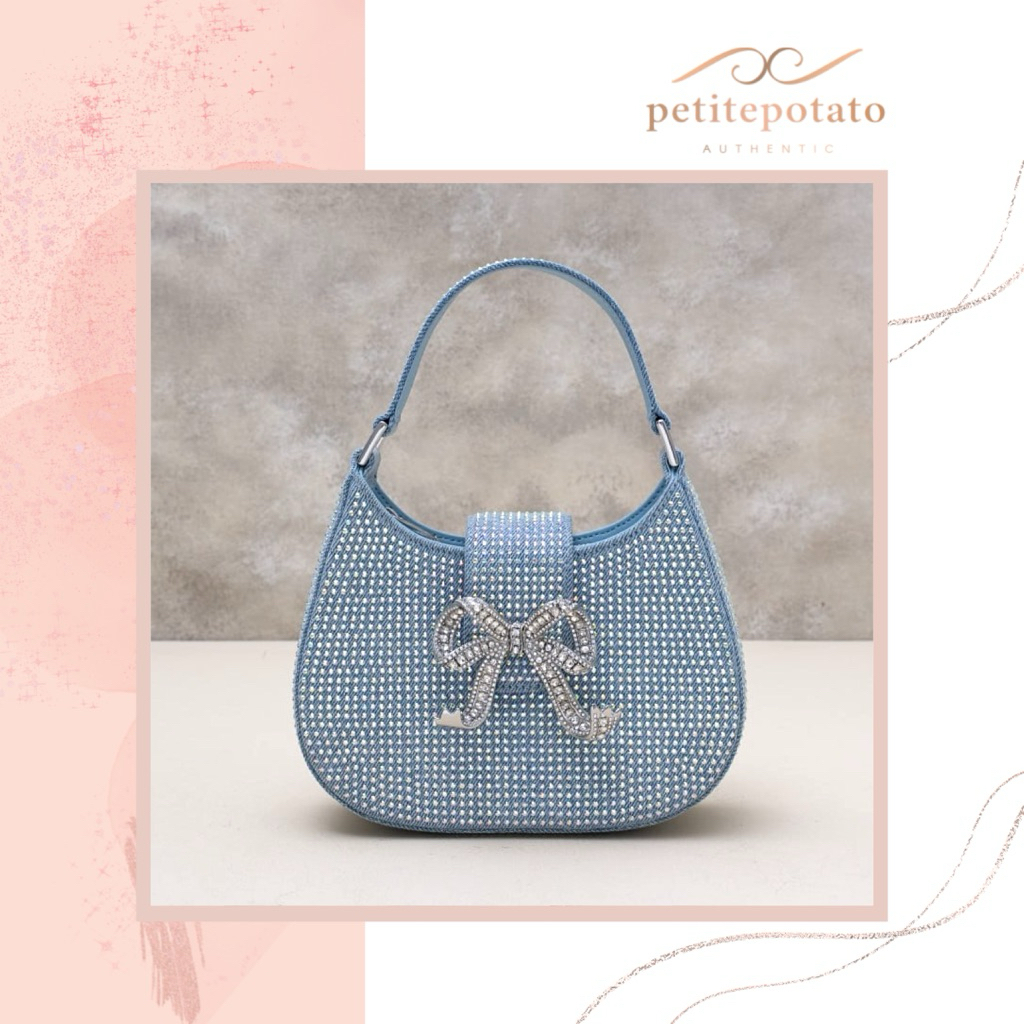 TAS BRANDED WANITA SELF-PORTRAIT THE CRESCENT DENIM BOW RHINESTONE BAG