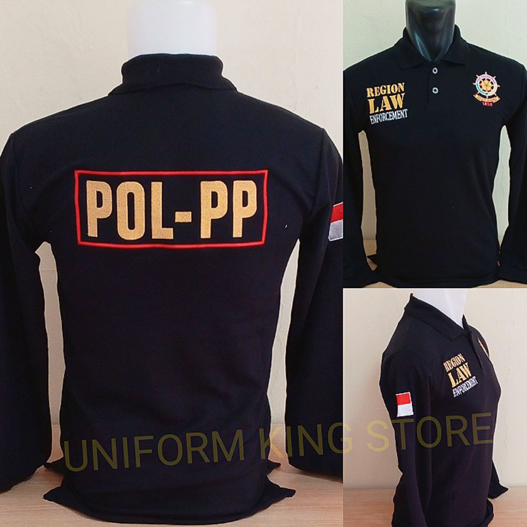 KAOS POL PP HITAM LENGAN PANJANG FULL BORDIR - KAOS KERAH SATPOL PP PANJANG BORDIR - KAOS SATPOL PP 