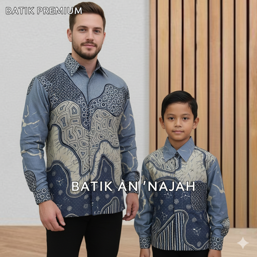 Kemeja Batik Couple Ayah Anak Katun Solo Premium warna abu abu mewah simple motif raja ampat