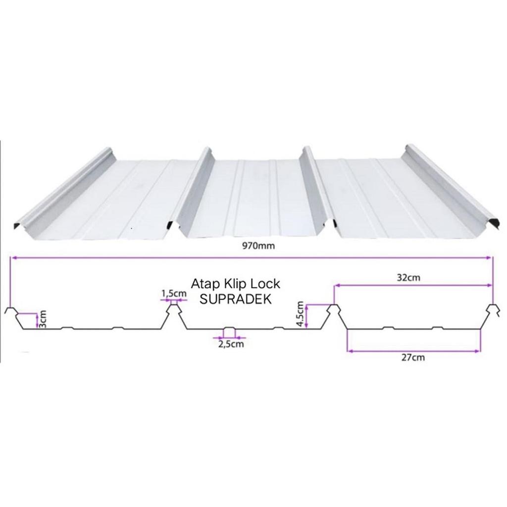 Atap kliplok SUPRADEK Galvalum SNI AZ100 Le 970mm klip lock bjls 0.45 0.50 klip lok Zincalum Roofing