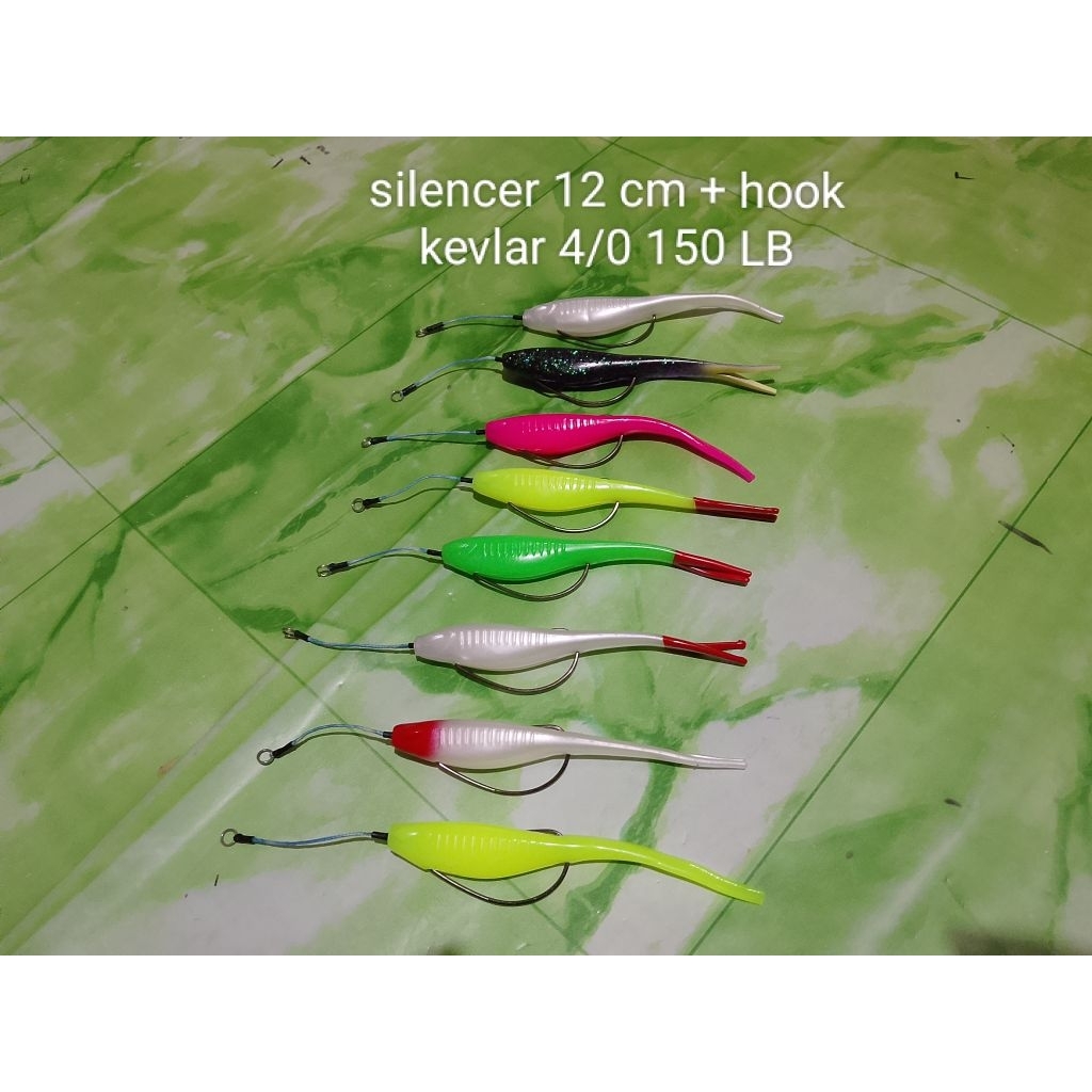 Baby silencer 12 cm Rep ozmy plus kevlar 4/0 150 lb umpan casting gabus /toman