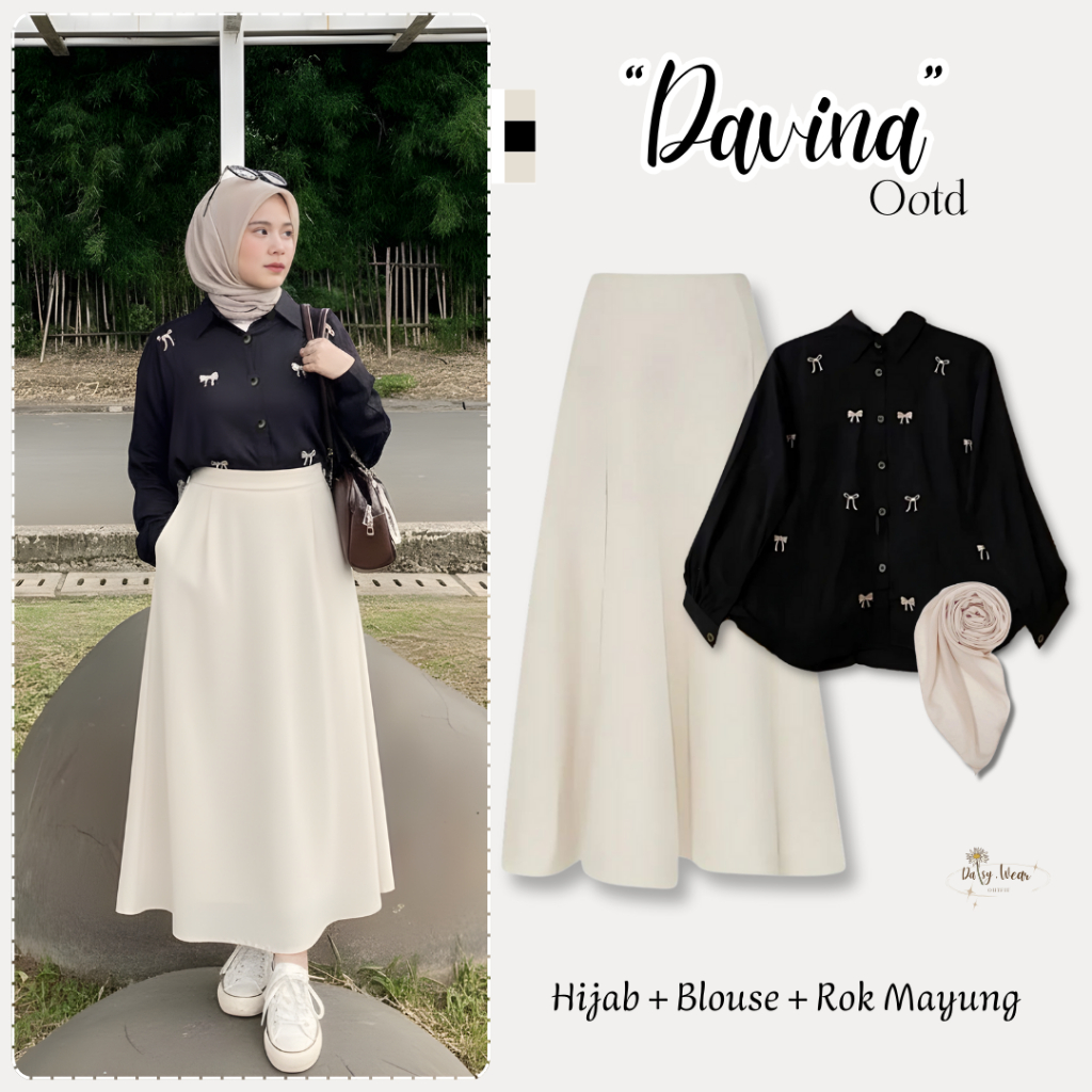 Davina OOTD 3in1 | Hijab + Blouse + Rok Mayung | Oneset Cewek Cream Elegan Hitam Motif Ribbon Pita S