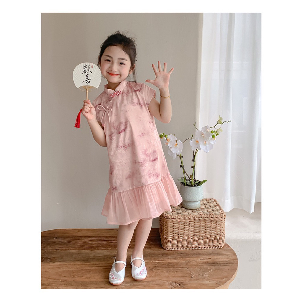 Bebe Cheongsam Dress Pink anak perempuan / baju imlek anak perempuan pink kerah cina