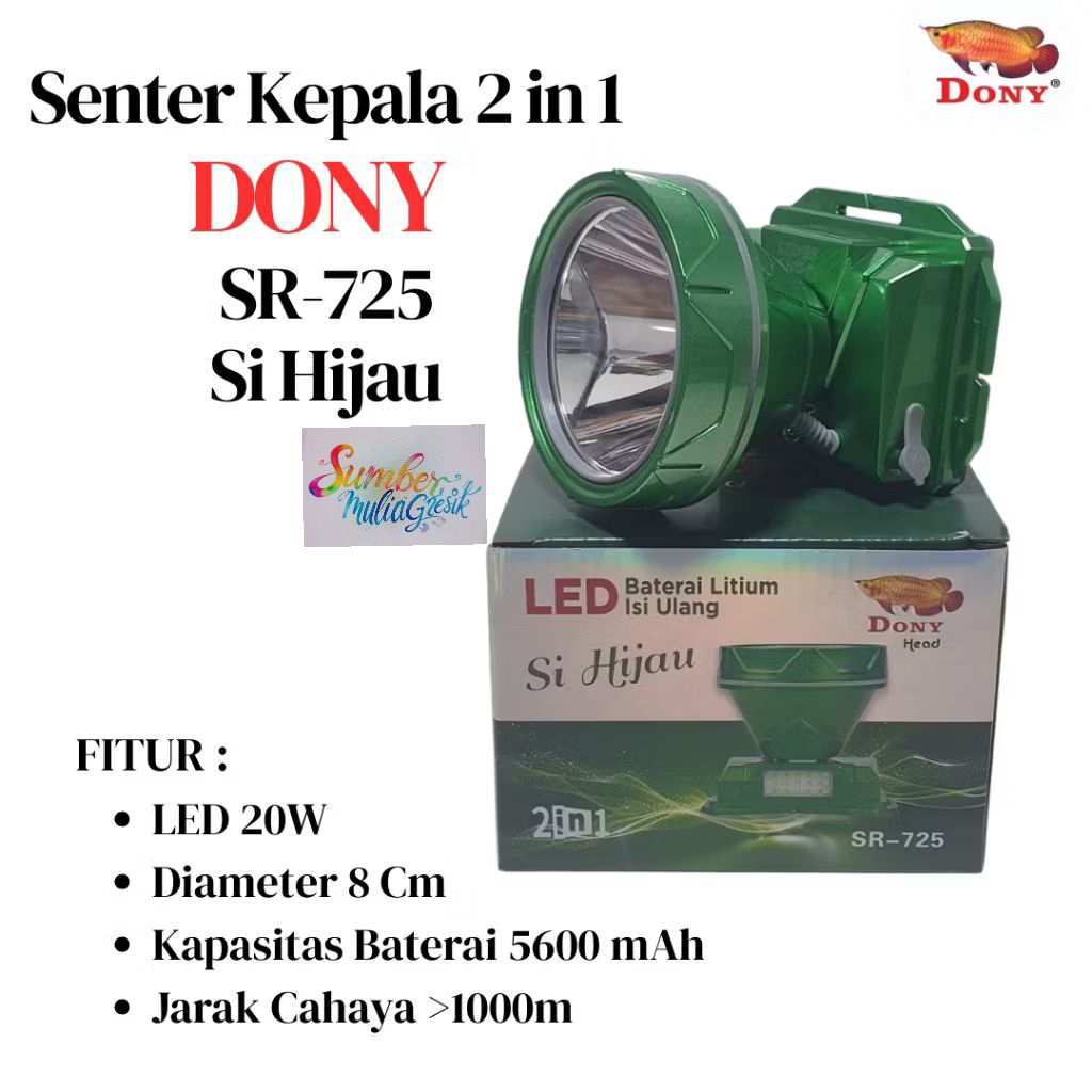 Senter Kepala DONY SI HIJAU 2 in 1 SR-725 Dilengkapi Mode Emergency - 6 Mode Cahaya Putih / Kuning O
