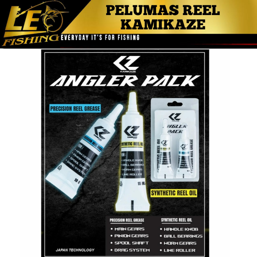 OIL & GREASE KAMIKAZE ANGLER PACK-SYNTHETIC REEL OIL - PRECISION REEL GREASE - PELUMAS REEL KAMIKAZE