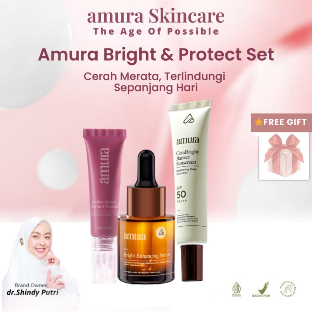 Amura Brightening Series – Enhancing Serum, Dark Spot Treatment & Sunscreen untuk Kulit Cerah Merata
