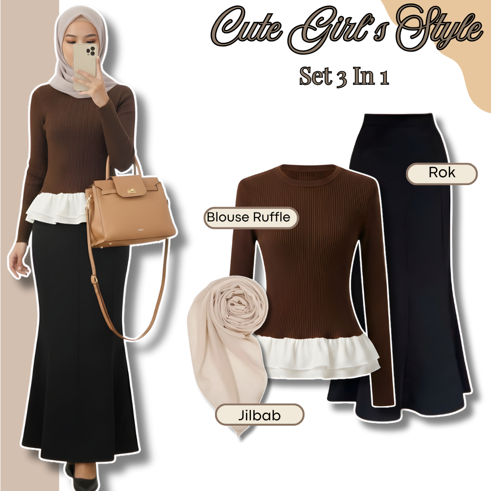 Setelan Hijab Wanita 3in1 Blouse Ruffle, Rok Duyung & Jilbab – Outfit Fashion Muslim Trendy GG005