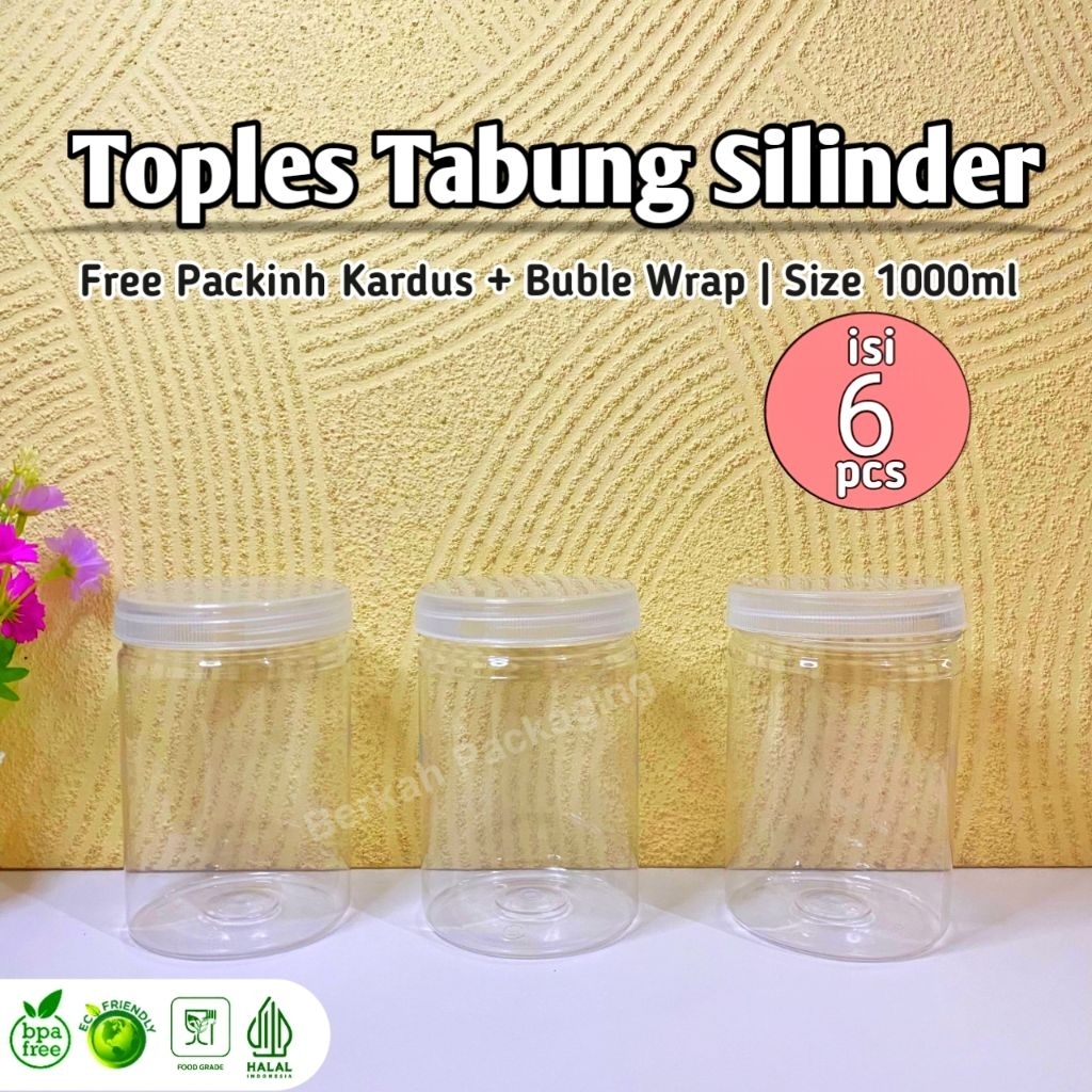 (ISI 6PCS) Toples Tabung Silinder 1000m Free Packing Kardus + Buble Wrap l | Tabung Kue Jar | Toples