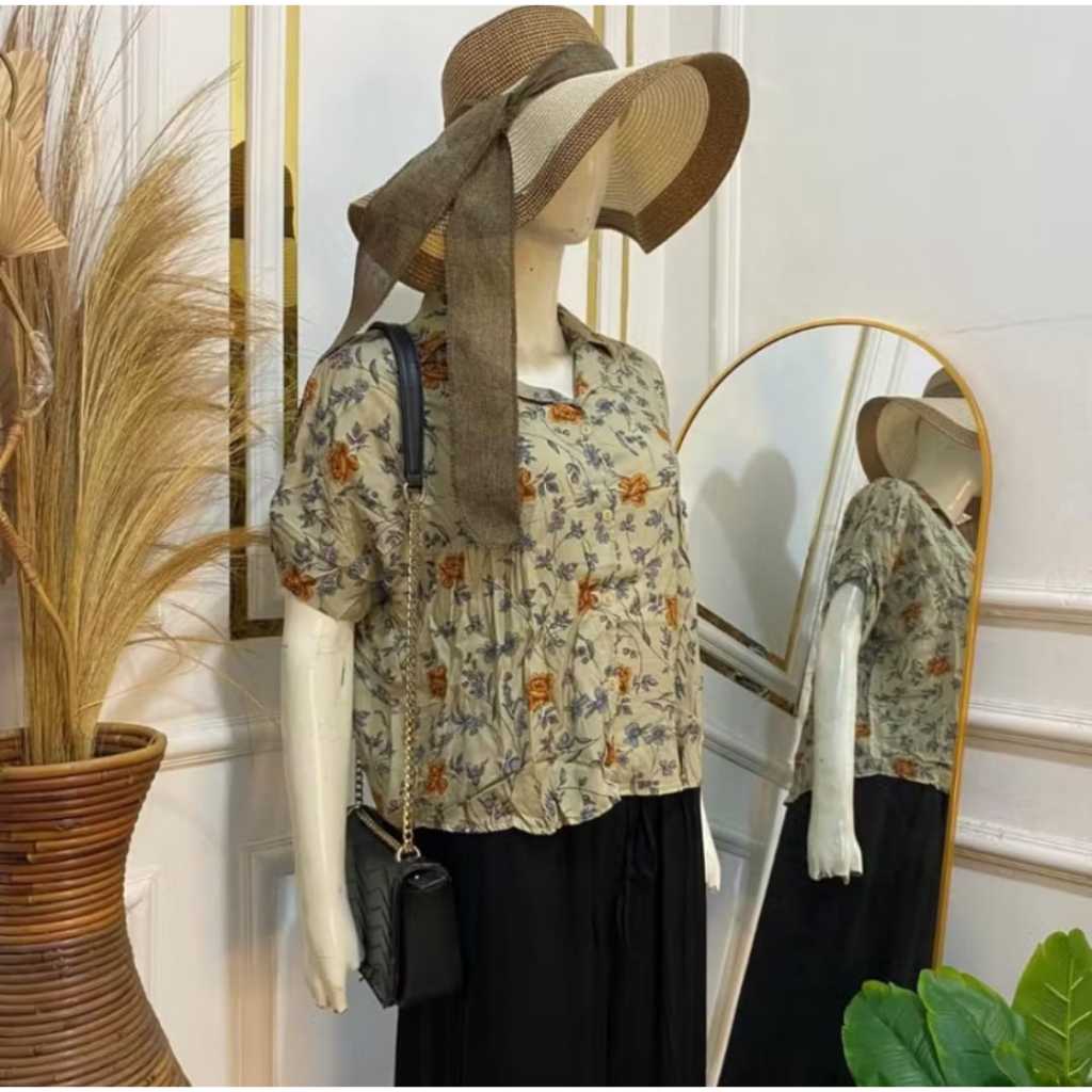 Kemeja Rayon Wanita Lengan Pendek Premium - Kemeja Croptop Rayon Wanita Motif