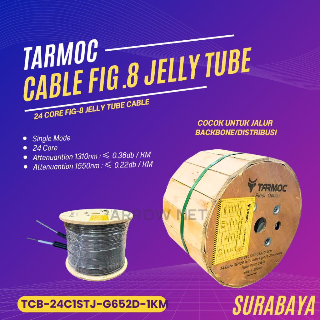 Tarmoc TCB-24C1STJ-G652D-1KM  | Fiber Optic Cable G652D Fig-8 Jelly Tube 24 Core 1000m Kabel FO 24C 