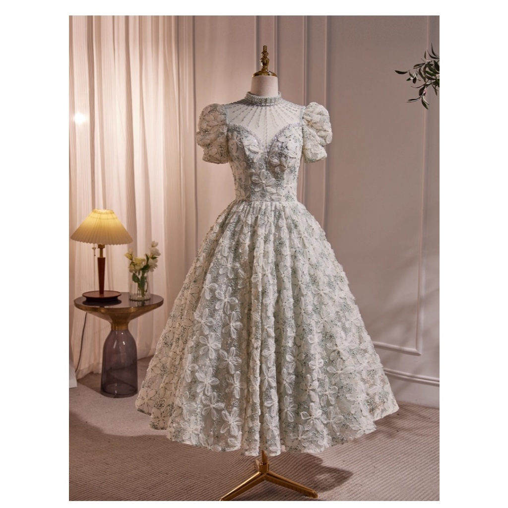 Gaun Pesta 2512003 Hijau Sage Leher Tinggi Lengan Pendek Party Dress