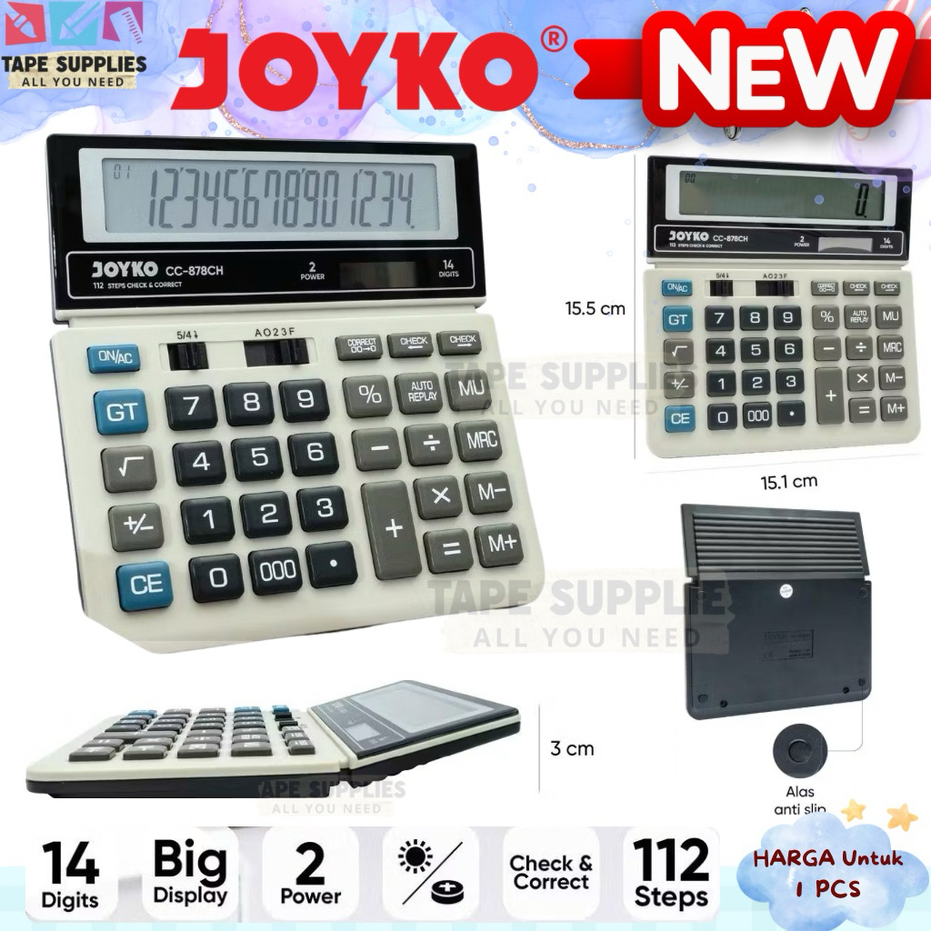 TERLARIS JOYKO CC-878CH Kalkulator 14 Digit Big Display 112 Steps Check & Correct Dual Power Auto