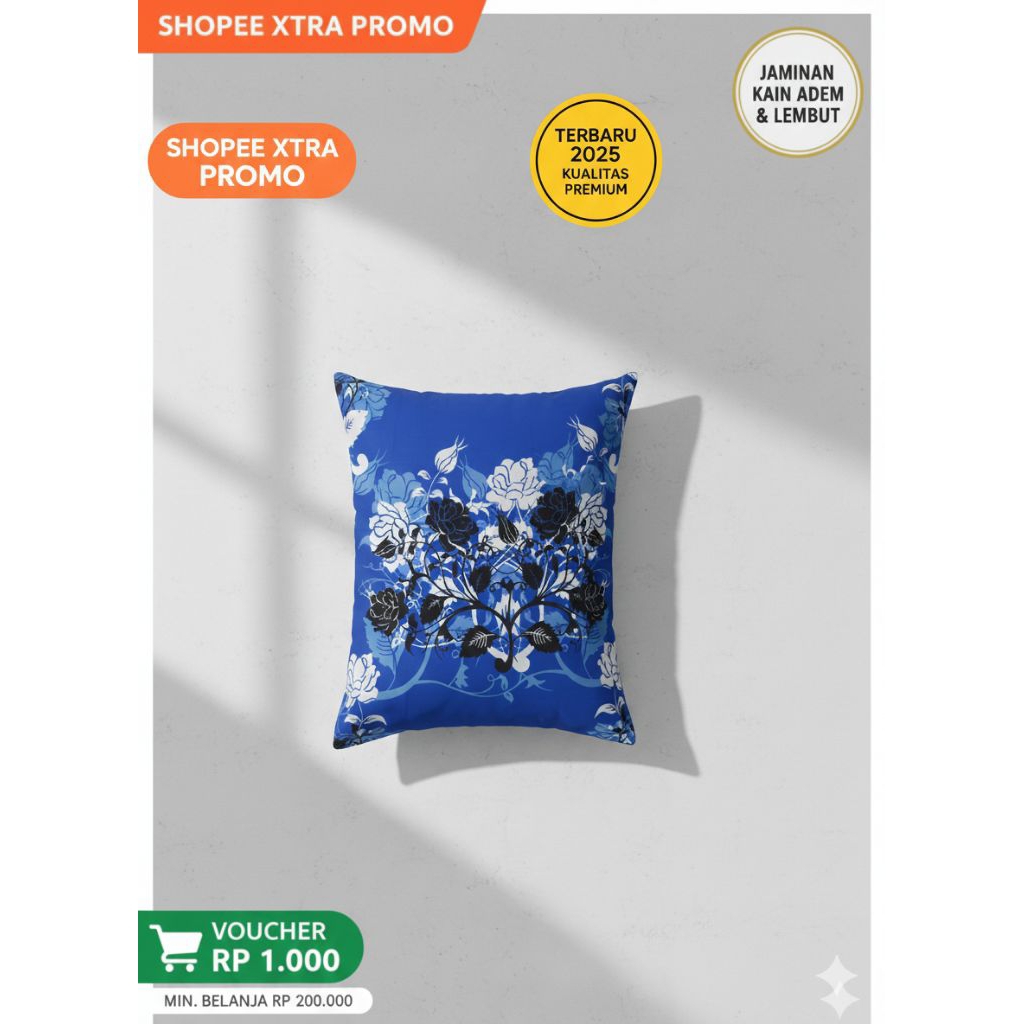 Sarung Bantal Biru Motif Bunga – Lembut, Anti Luntur, Tersedia Satuan & Paket Set