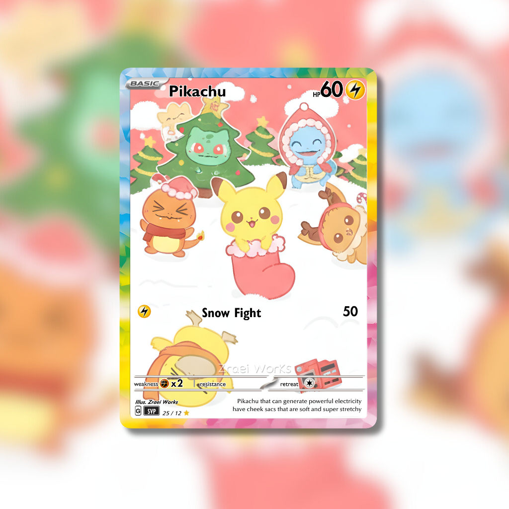 Zraei Works Custom Pokemon Card – Pikachu Christmas Gift | Fan Art Kartu TCG | Kartu Mainan Anak