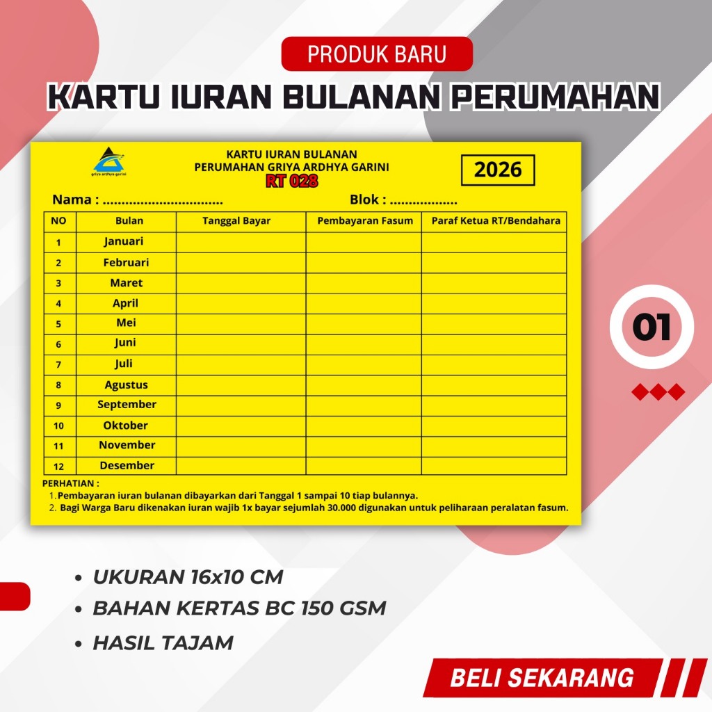Kartu Iuran Bulanan l Kartu Iuran Warga Perumahan l Kartu Iuran Bahan BC