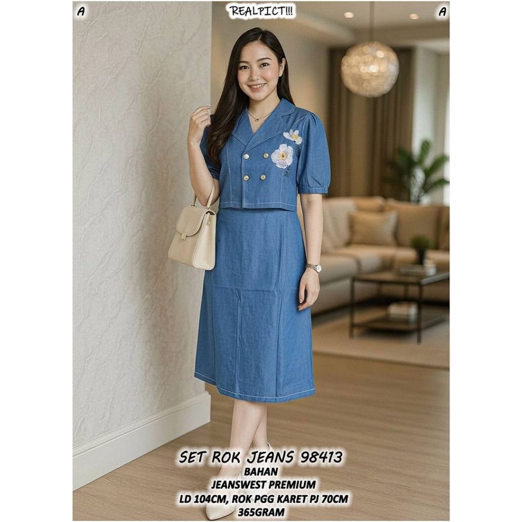 SETELAN ROK JEANS PREMIUM KOREA/SETELAN GEREJA/SETELAN ROK KERJA/KANTOR