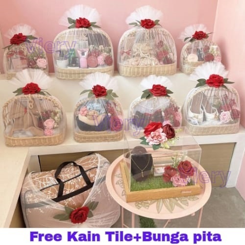 Keranjang Rotan Seserahan Plus Tile Parcel Sangkar isi 3pcs Hantaran Hampers Modern Clasic Tradision