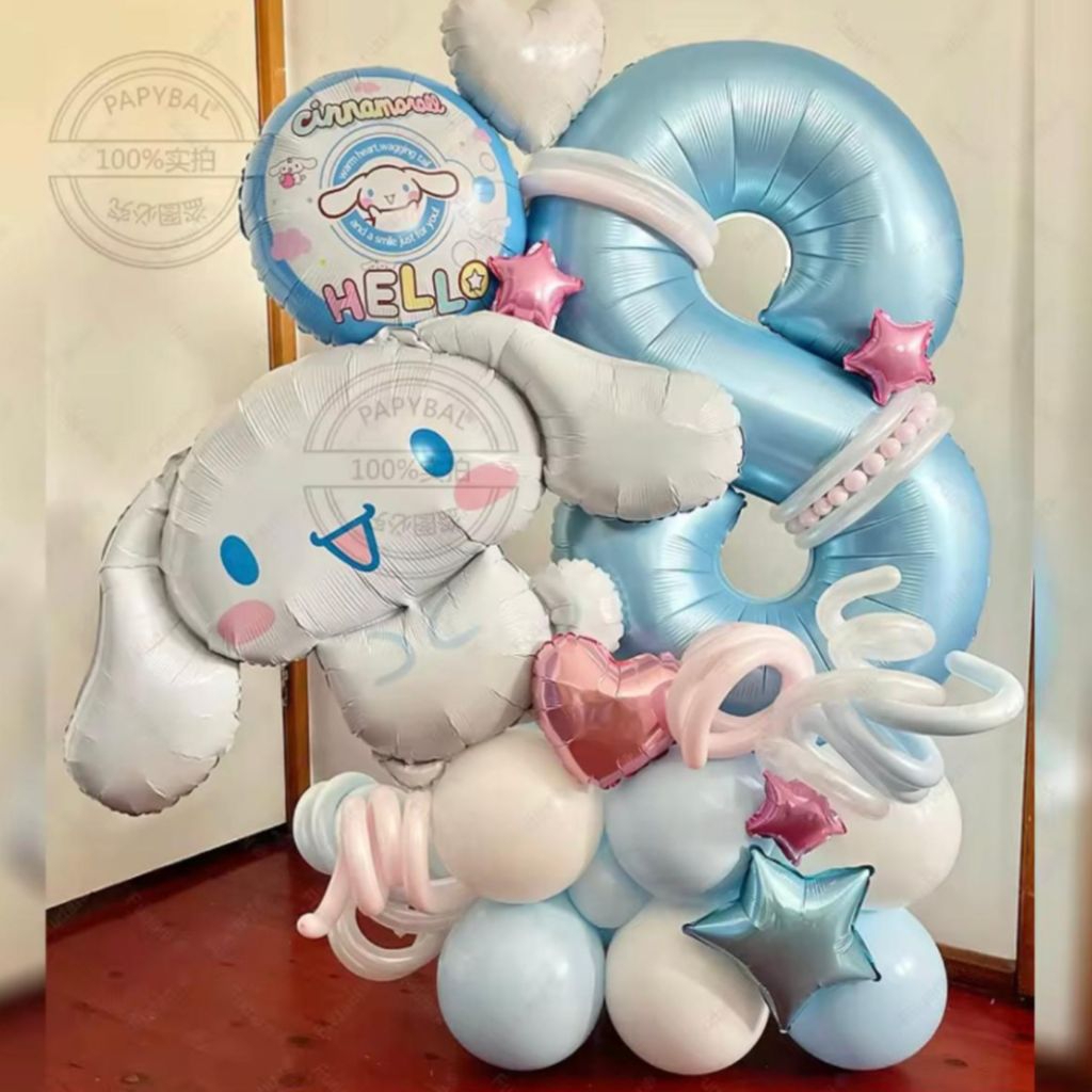 Paket balon angka ulang tahun warna baby blue jumbo 80cm karakter cinnamoroll sanrio birthday decora
