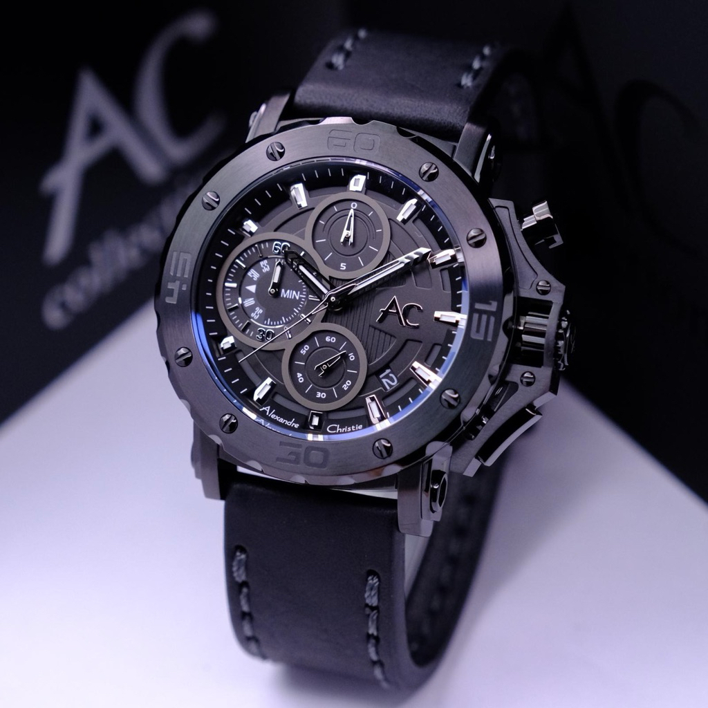 JAM TANGAN PRIA ALEXANDRE CHRISTIE AC 9205 AC9205 LEATHER BLACK GARANSI RESMI 2 THUN ORIGINAL