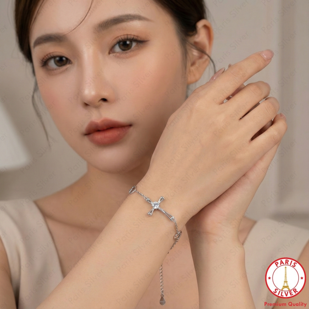 Gelang Salib Perak Asli 925 Silver Lapis Emas Putih Wanita Anti Karat Premium
