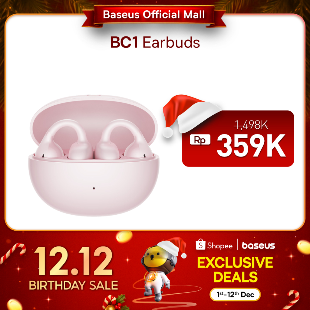 Baseus Bass BC1 Open Ear Fit Wireless Stereo 12MM Super Bass 4 Mic AI ENC Clip TWS IP55 & 38H OWS Ea