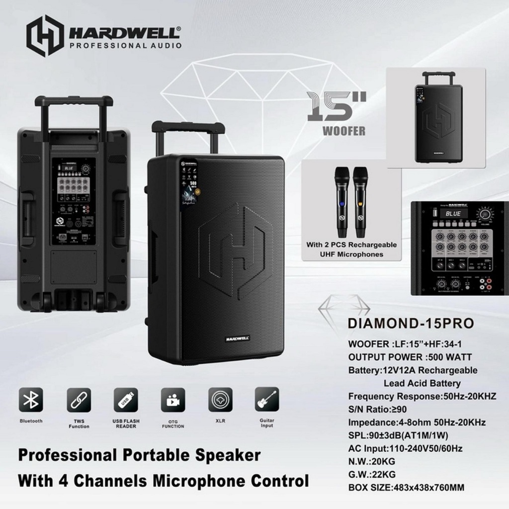 Speaker Portable 15 Inch Hardwell Diamond 15 Pro Original Speaker Portable Hardwell 15 Inch (500 Wat