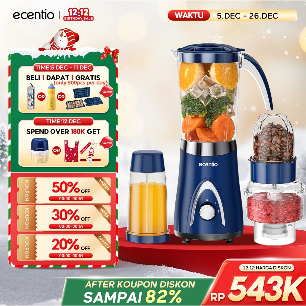 [4 in 1] ecentio Chopper Blender 1000ml+500ml+500ml+300ml juicer blender Bumbu Alat 304 stainless st