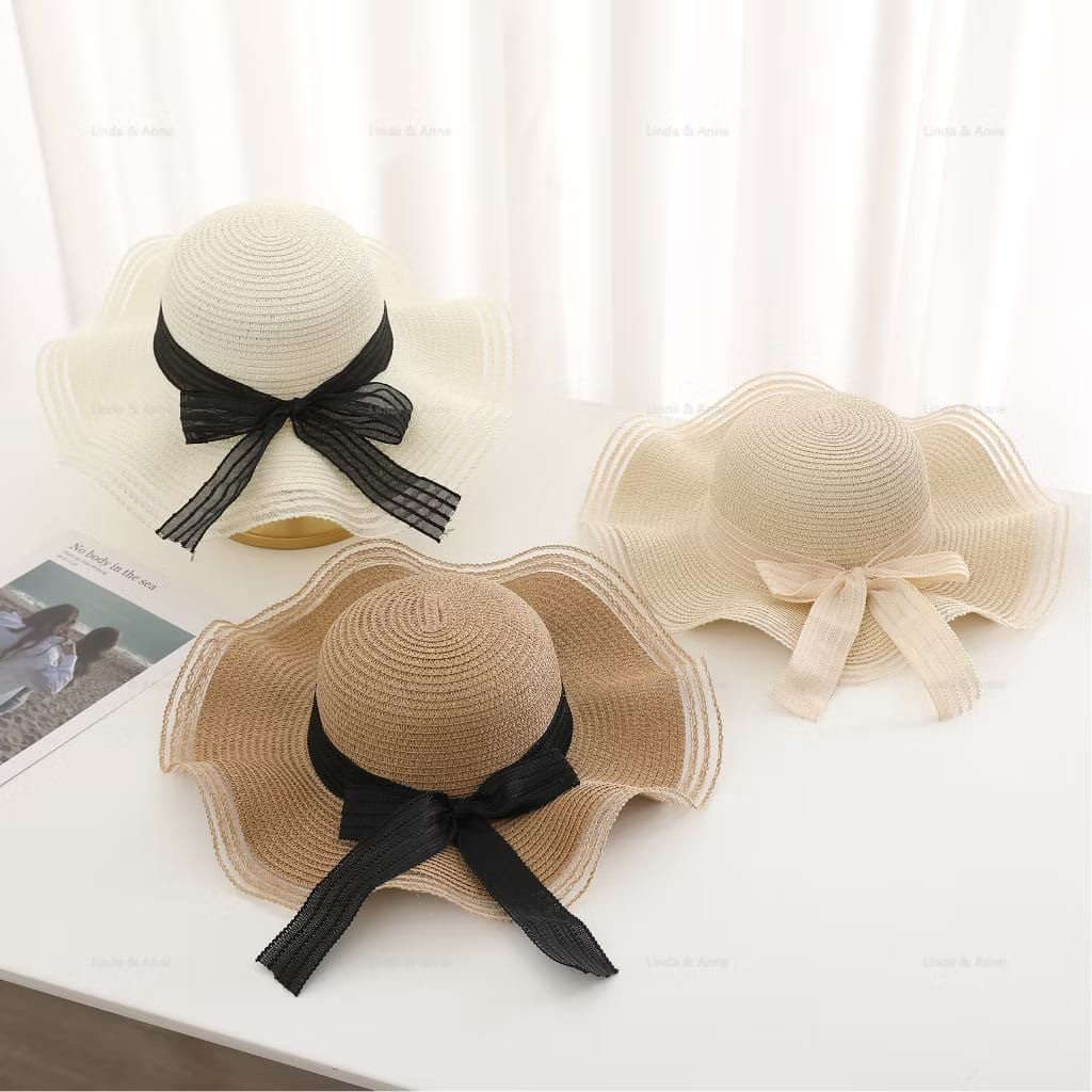 TOPI PANTAI WANITA KOREAN STYLE KEREN MOTIF PITA TULE HITAM
