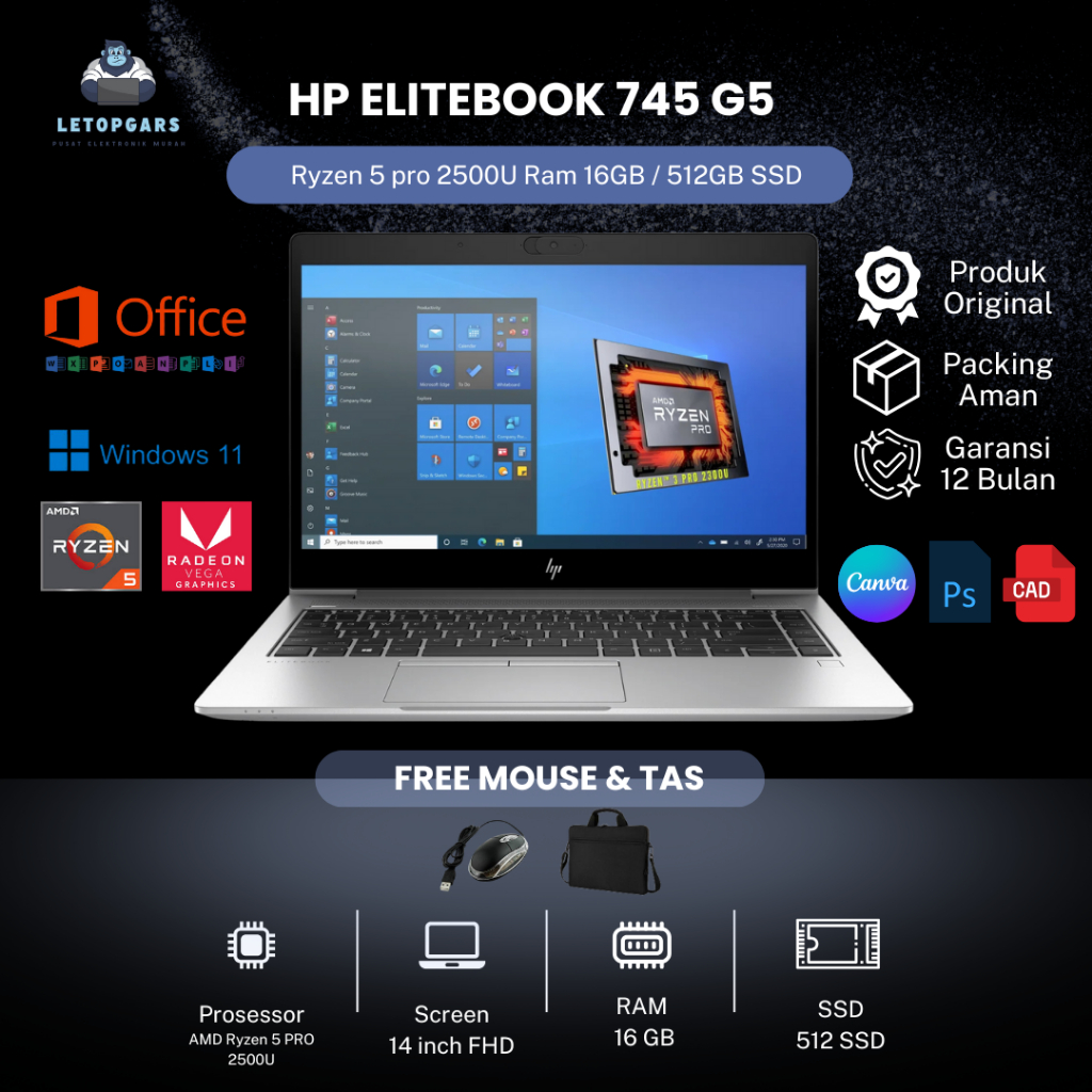 LAPTOP GAMING MURAH HP 745 G5 RYZEN 5 PRO RAM 16 SSD 512 WINDOWS 11 PRO