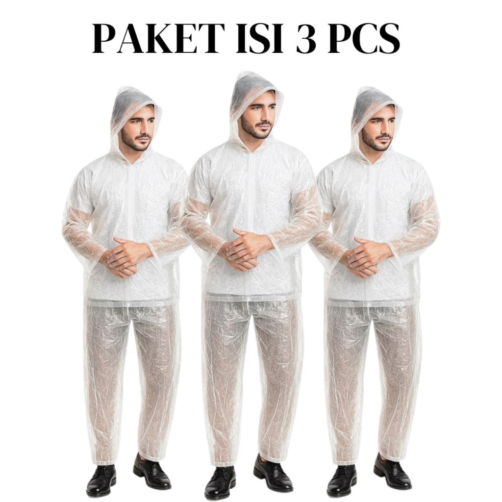 ISI 3 Jas Hujan Setelan Jaket Celana Putih Lengan Panjang / Mantol Plastik Ekonomis