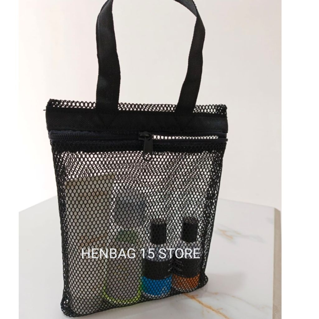 Tas Jaring Mandi Travel / Tas Tempat Sabun Kosmetik Skincare Bedak Bayi Bahan Hitam Tebal Transparan