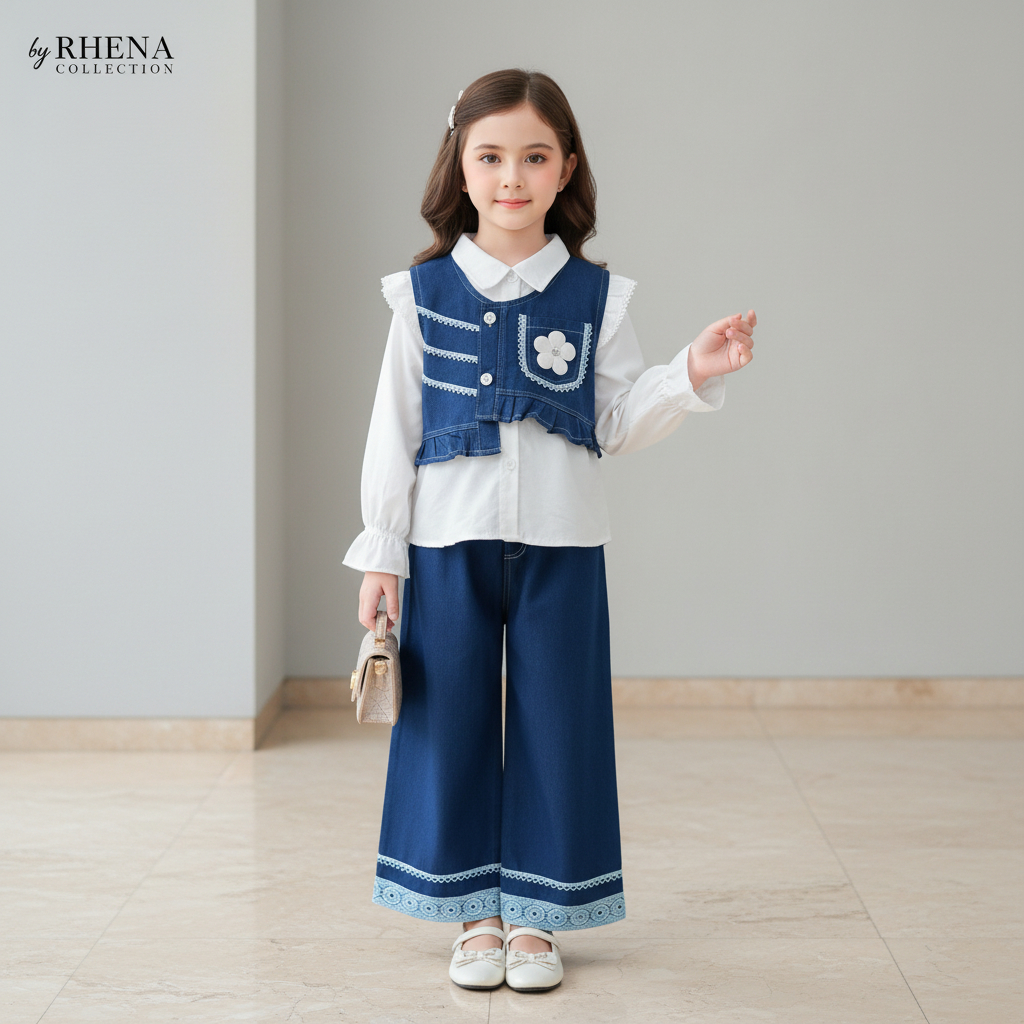 Setelan Anak Perempuan Mewah 3in1 Kemeja Putih Rompi Jeans Kulot Denim Usia 3-9 Tahun