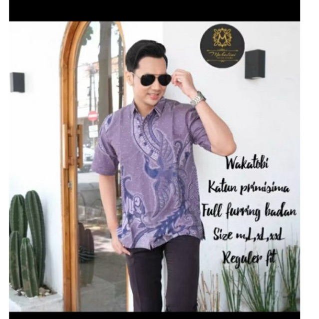 Kemeja Batik pria lengan Panjang Pendek Slimfit Warna ungu muda Lilac Lapis furing