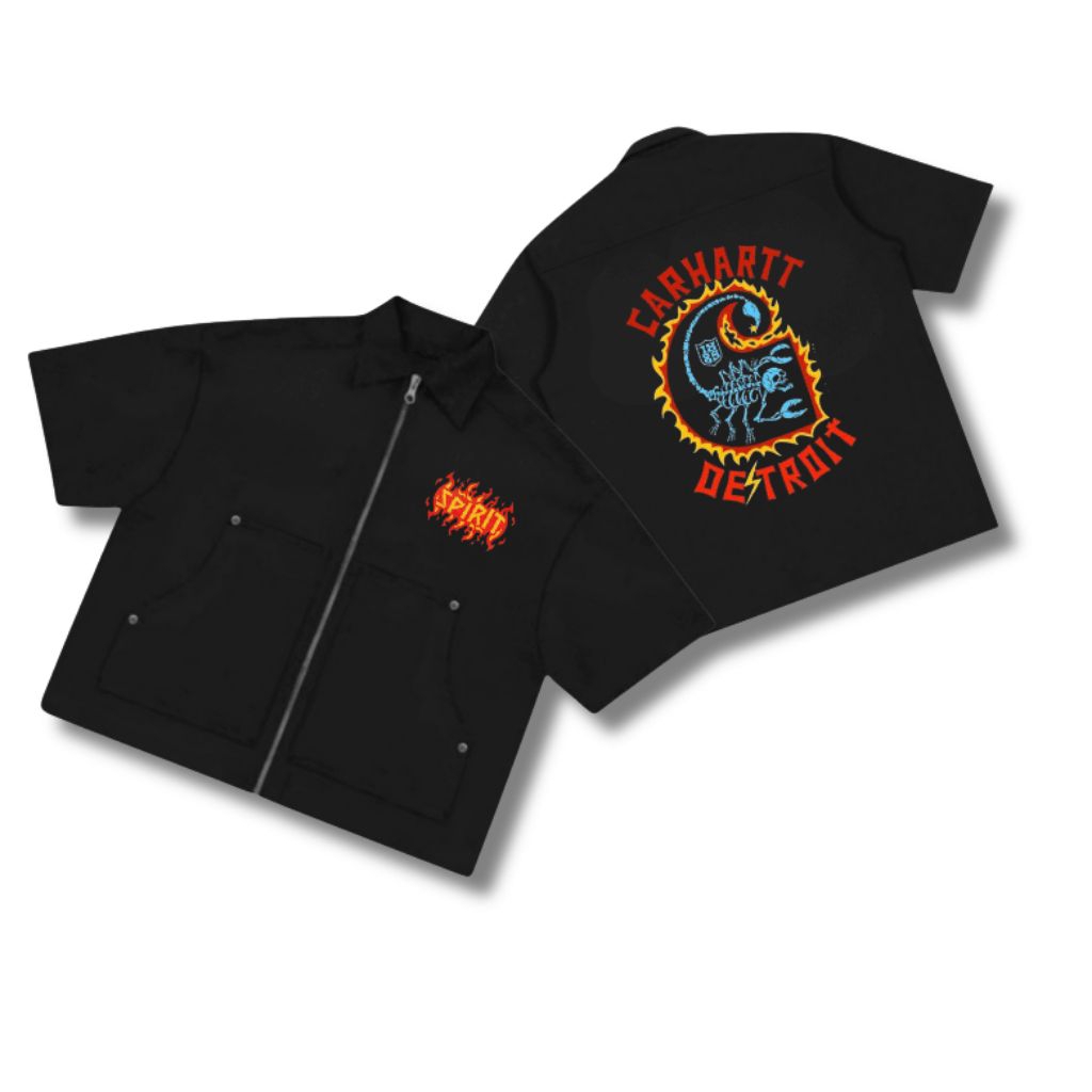 Depressed|Workshirt Double Zipper Boxy - Kemeja Kerja tangan pendek Hitam Pria carhart