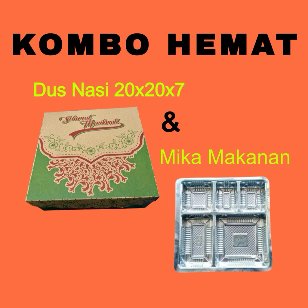 100 Pcs Paket Dus Nasi 20x20x7 dan Mika Sekat 5||Kardus Nasi Motif||Mika Makanan||