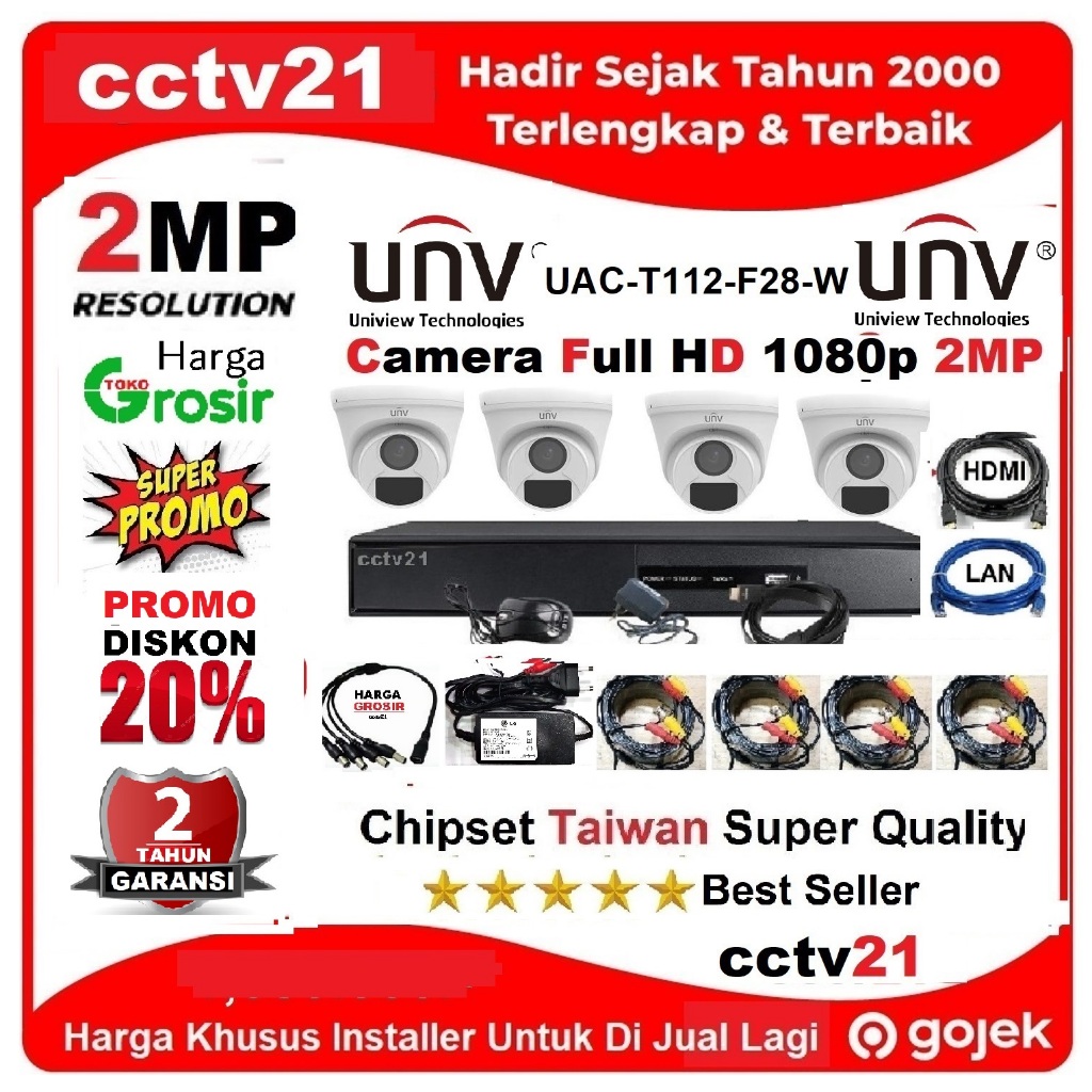 Paket Lengkap + Harddisk 4 CCTV Kamera 2MP UNV UAC-T112-F28-W DVR Kabel 80M+Kbl HDTV+LAN Harga Lagi 
