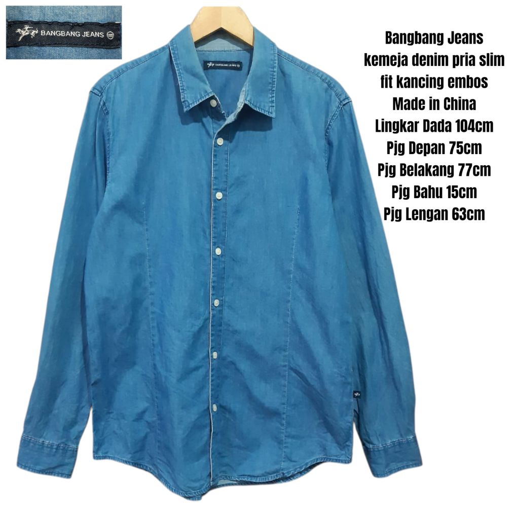 Bangbang Jeans kemeja denim pria slim fit kancing embos