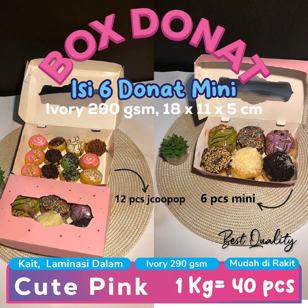 Box Donat/ Dus Donat isi 3/ Kemasan Donat  isi 6 Mini/ Ivory 300gr Dus Donat Pink